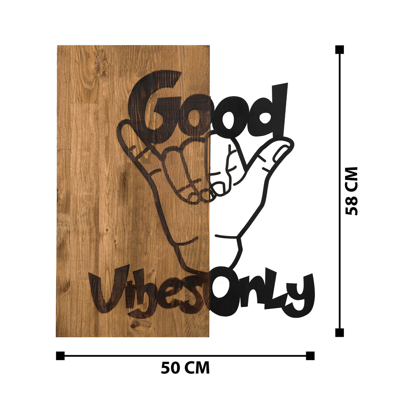 Decoratiune de perete, Good Vibes, lemn/metal, 50 x 58 cm, negru/maro
