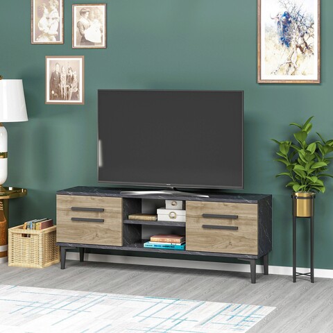 Comoda tv, olivia, view, 120x48.2x29.6 cm, pal, marmură neagră/nuc