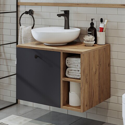 Dulap de baie cu chiuvetă, Hanah Home, 2452, 65x58x45 cm, MDF, Pin Atlantic / Antracit