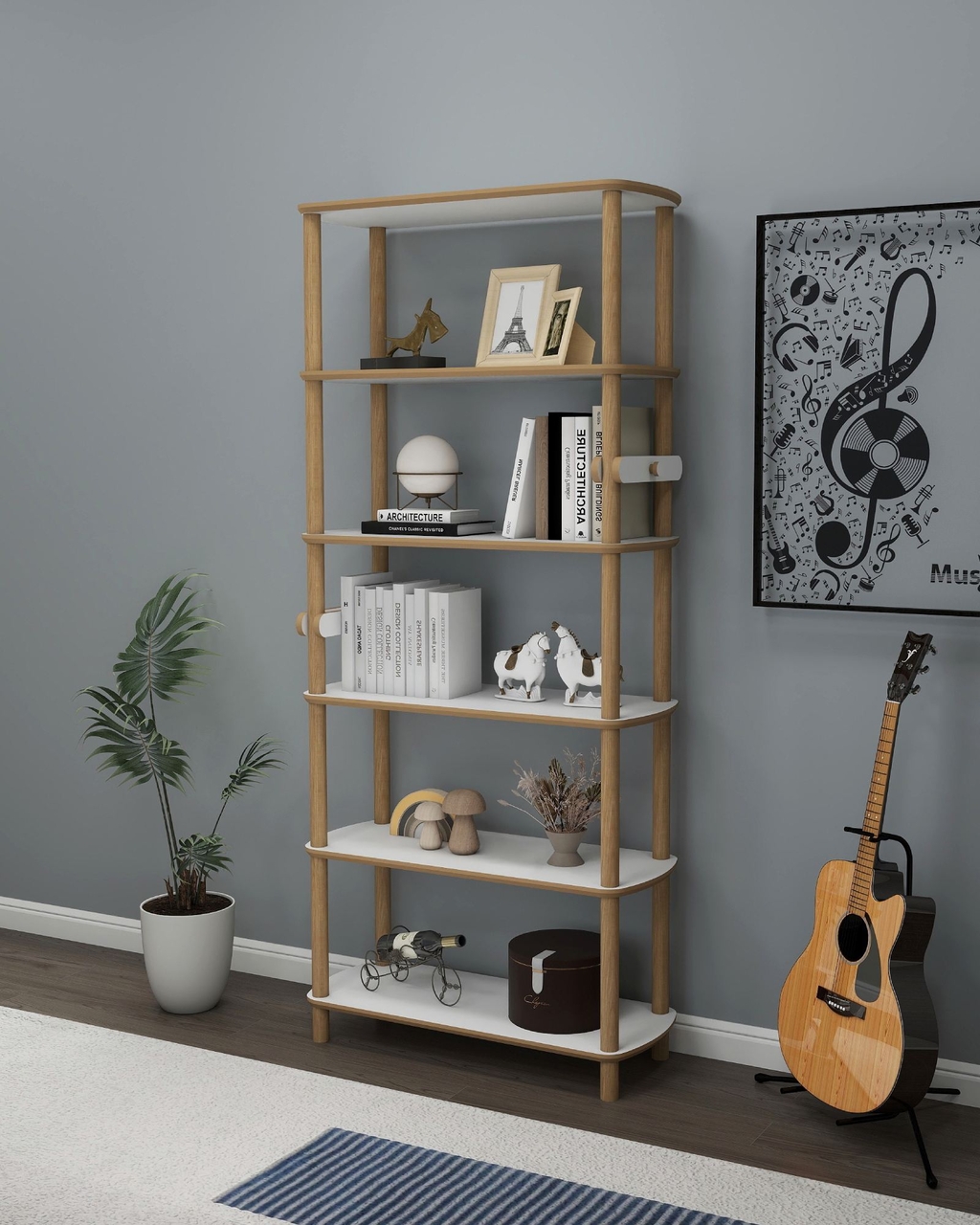 Corp biblioteca, Hanah Home, Rosa 6, 80x174x30 cm, Stejar / Alb - view 3