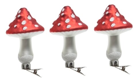 Set 3 globuri Mushroom w dot on, Decoris, 6.5x9 cm, sticla, rosu/alb
