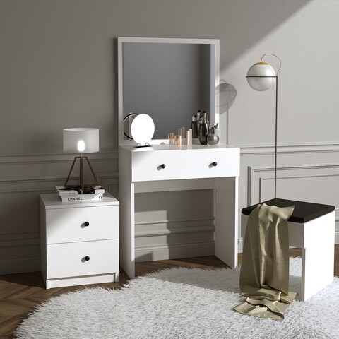 Masa de toaleta / machiaj cu oglinda, taburet si noptiera Nice, Elegance, 65x35x139 cm, alb Elegance