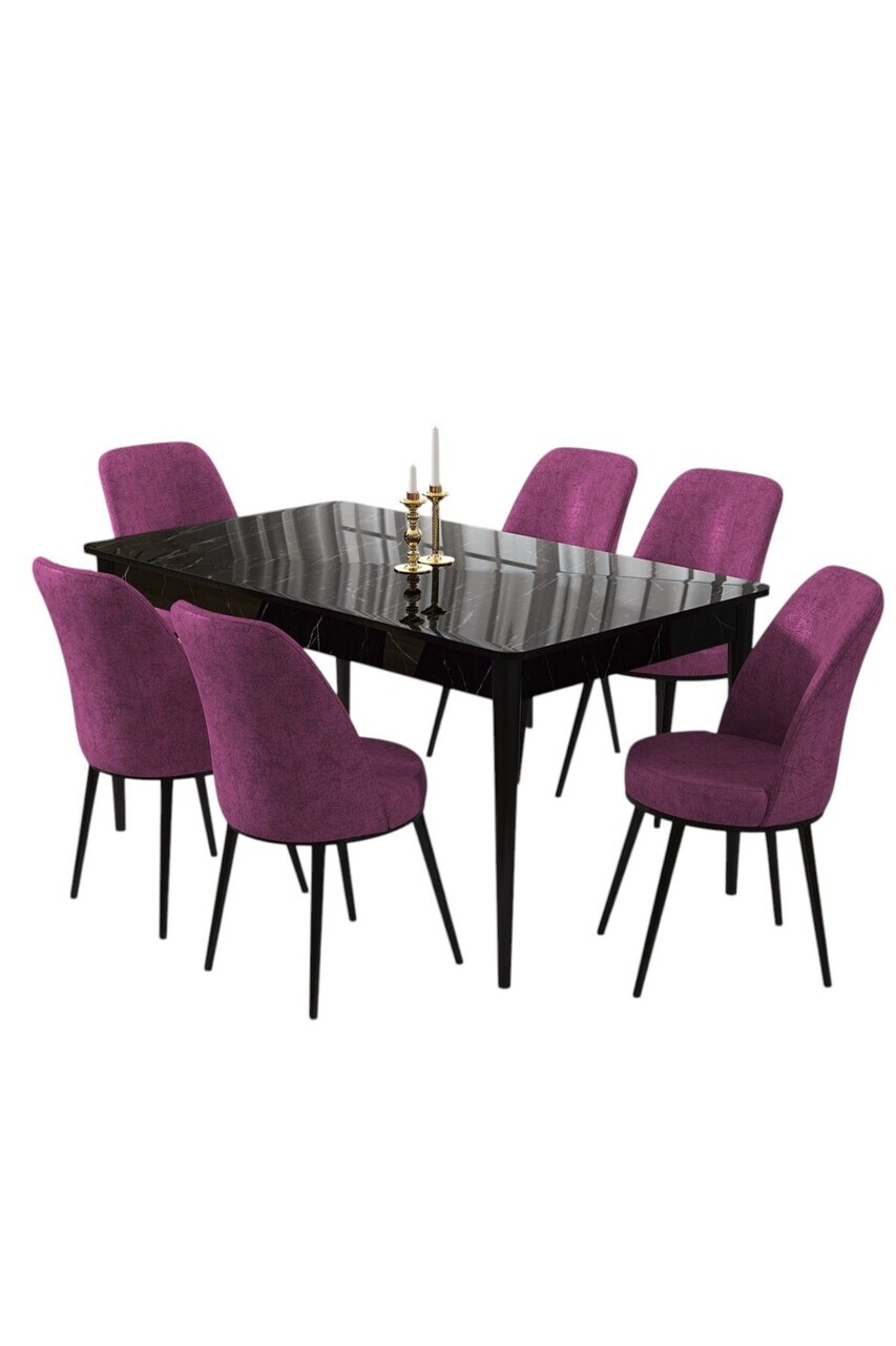 Set masa si scaune (7 piese), Hanah Home, Pir, Model de marmură neagră / violet — imaginea 2