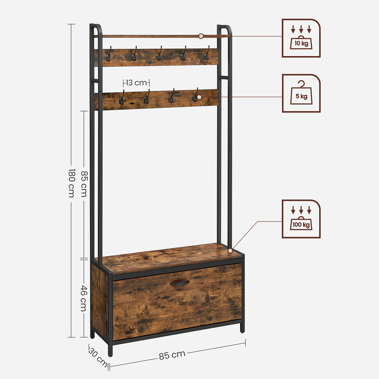 Cuier cu pantofar, Vasagle, Industrial Design, 9 agatatori, 85x30x180 cm, PAL/otel, maro - 1 | YEO