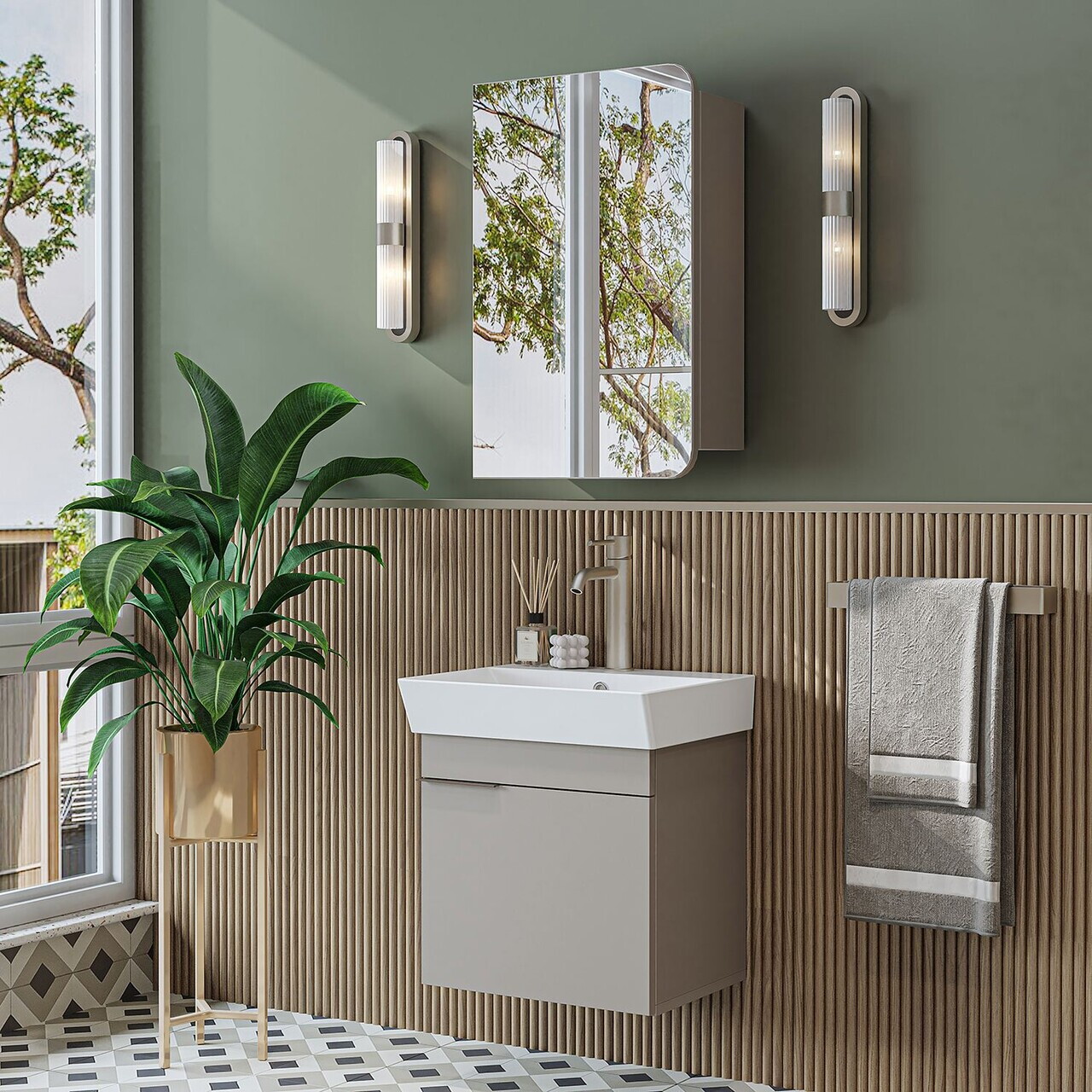 Set Dulap de Baie cu Chiuvetă și Oglindă (2 Piese), Hanah Home, 2935, MDF, Gresie