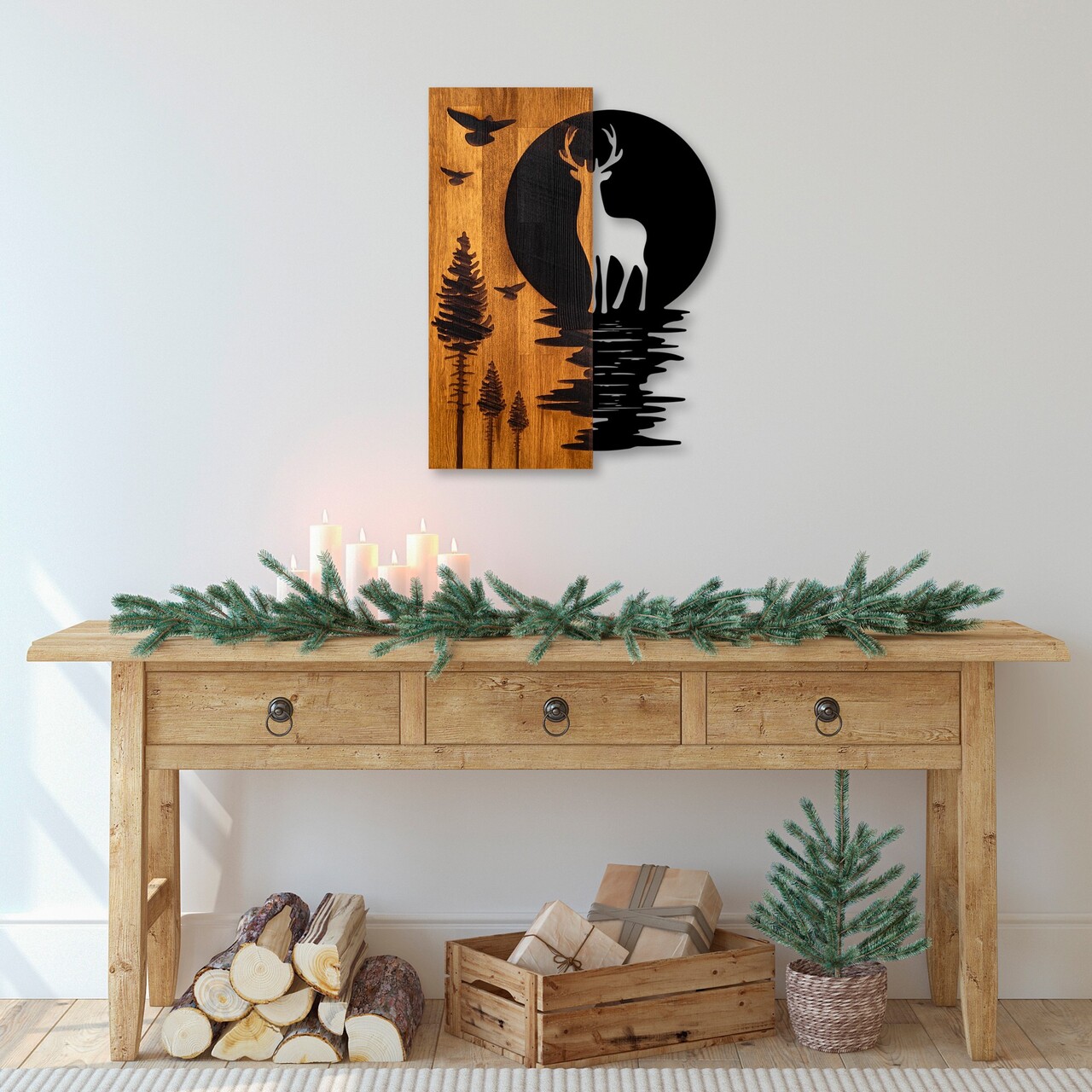 Decoratiune de perete, Deer and Moon, Lățime: 43 cm Înălțime: 58 cm Adâncime: 3 cm, Nuc / Negru - view 4