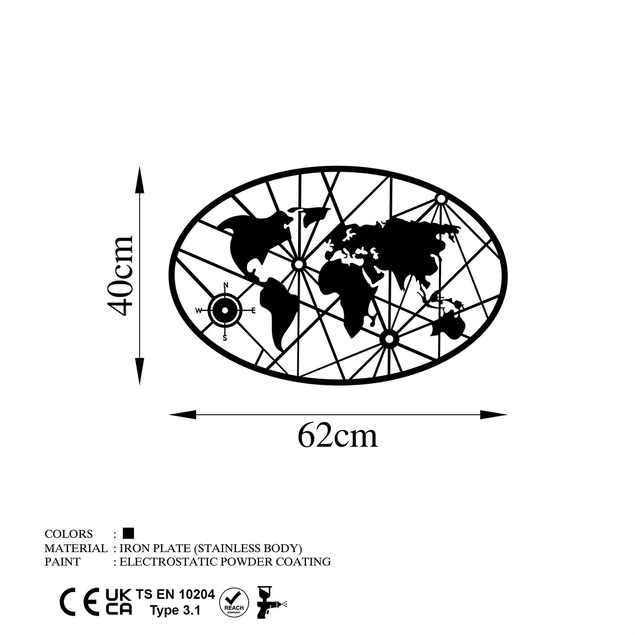 Decoratiune de perete, World Map 8-M v2, Dimensiune: 50 x 77 cm, Negru - view 6