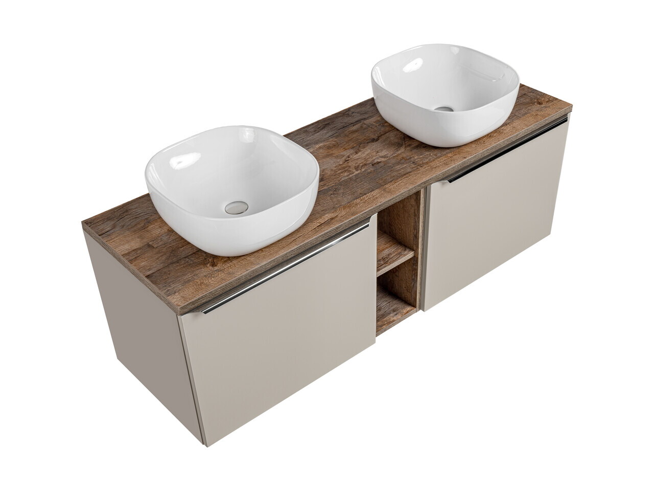 Set mobilier baie, dulap dublu si 2 lavoare, 140 cm, Santa Fe Taupe, Comad, MDF/PAL laminat, gri/stejar santa fe vintage — imaginea 6