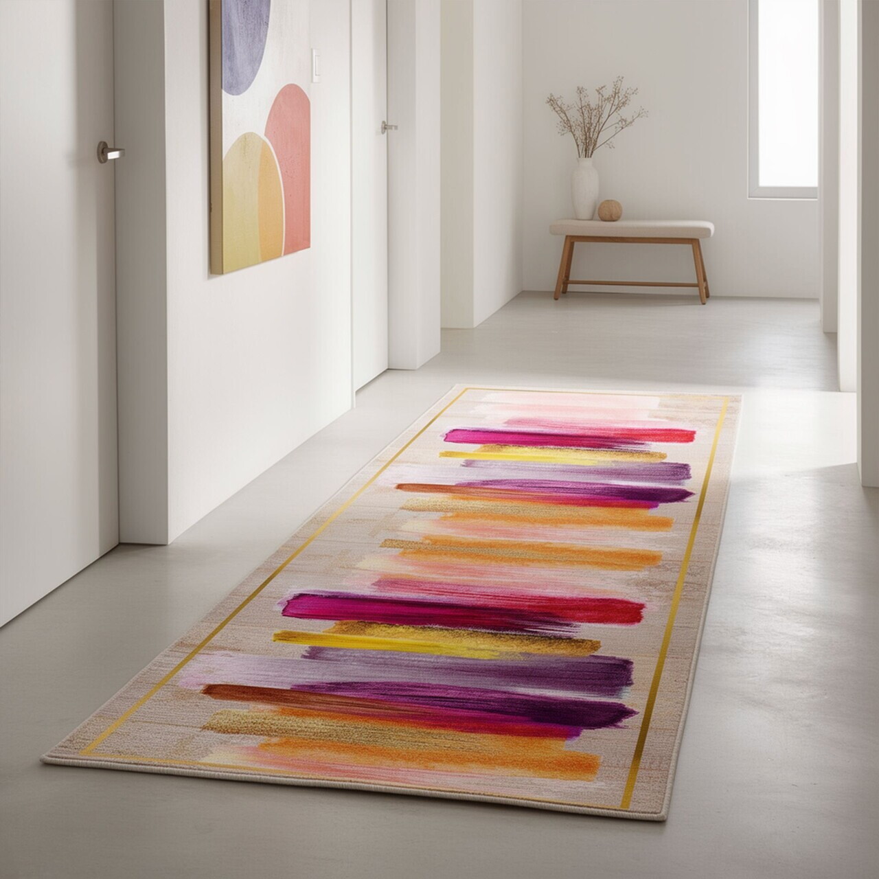 Covor Wooylk0099 80x250 cm Poliester Crem / Portocaliu / Galben / Fuchsia