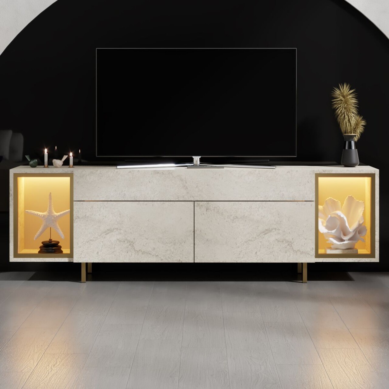 Comoda TV, Hanah Home, Zenith, 180x55x32 cm, Travertin / Auriu - view 2