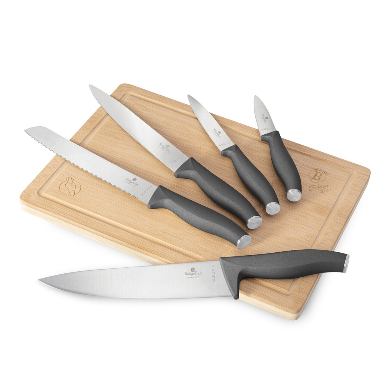 Set 5 cutite cu tocator Berlinger Haus, Anthracite, inox/bambus, antracit mat/natur - imagine 5