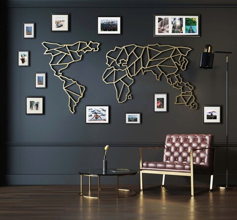Decoratiune de perete, World Map XL, Metal, Dimensiune: 85 x 170 cm, Auriu