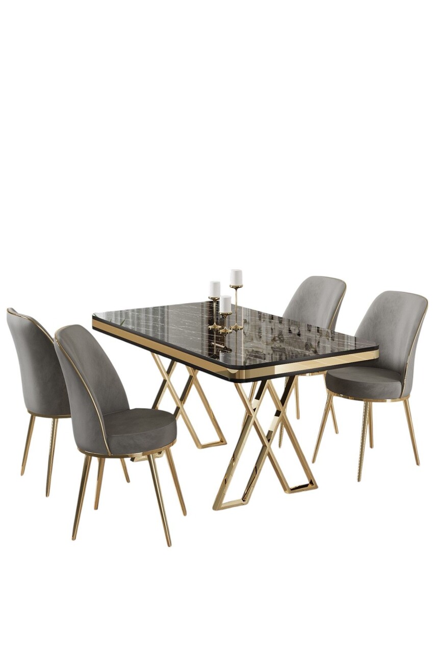 Set masă și scaune (5 bucăți), Hanah Home, Vals, Marmură neagră / Auriu / Gri - imagine 2