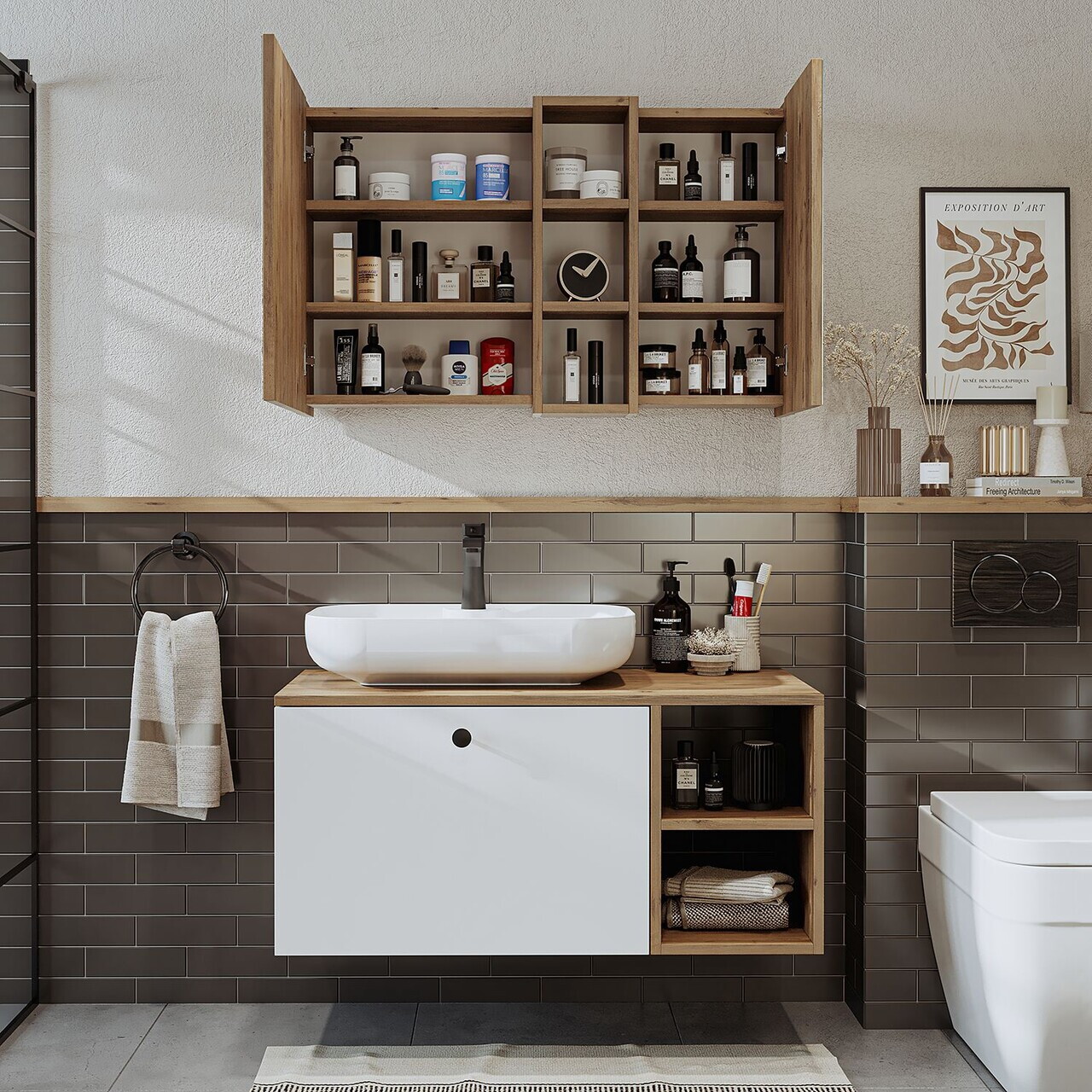 Set Dulap de Baie cu Chiuvetă și Oglindă (2 Piese), Hanah Home, 2520, MDF, Pin Atlantic / Alb — imaginea 4