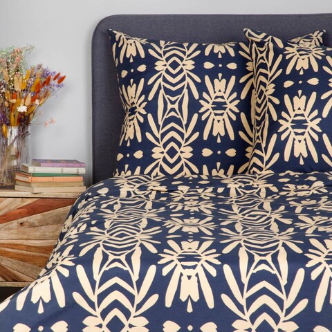 Lenjerie de pat King Size, Quevy, Homla, 3 piese, 200x220 cm, microfibra din poliester, albastru/bej