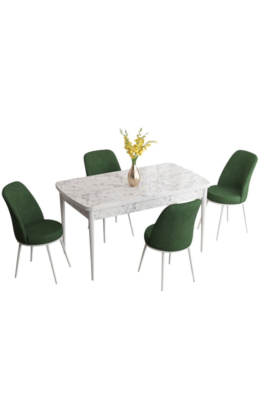 Set masa extensibila si scaune (5 piese), Hanah Home, Han, Model de marmură albă / Verde kaki — imaginea 2