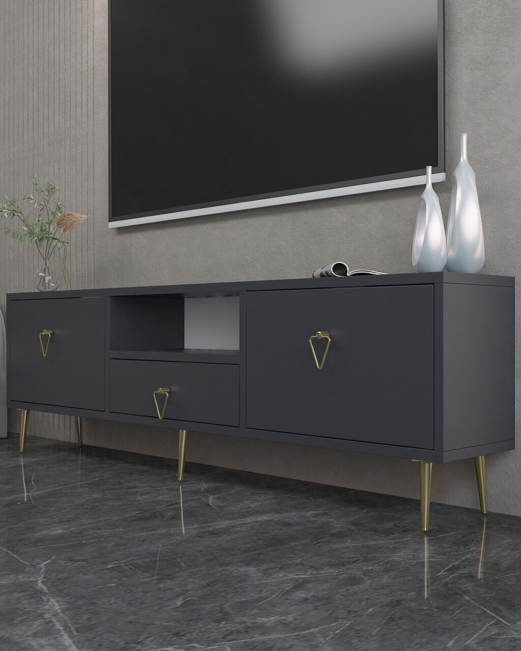 Comoda TV, Hanah Home, 1306-DROP-1, 140x45x30 cm, PAL , Antracit / Aur - view 2