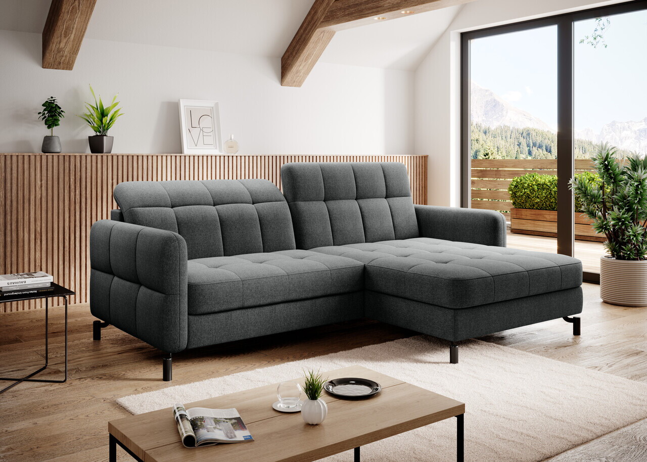 Set coltar extensibil dreapta 3 locuri si taburet ELTAP, Lor_PP_18, Lorelle, 225x160x105 cm / 100x70x45 cm, lemn/poliester, gri inchis - view 2