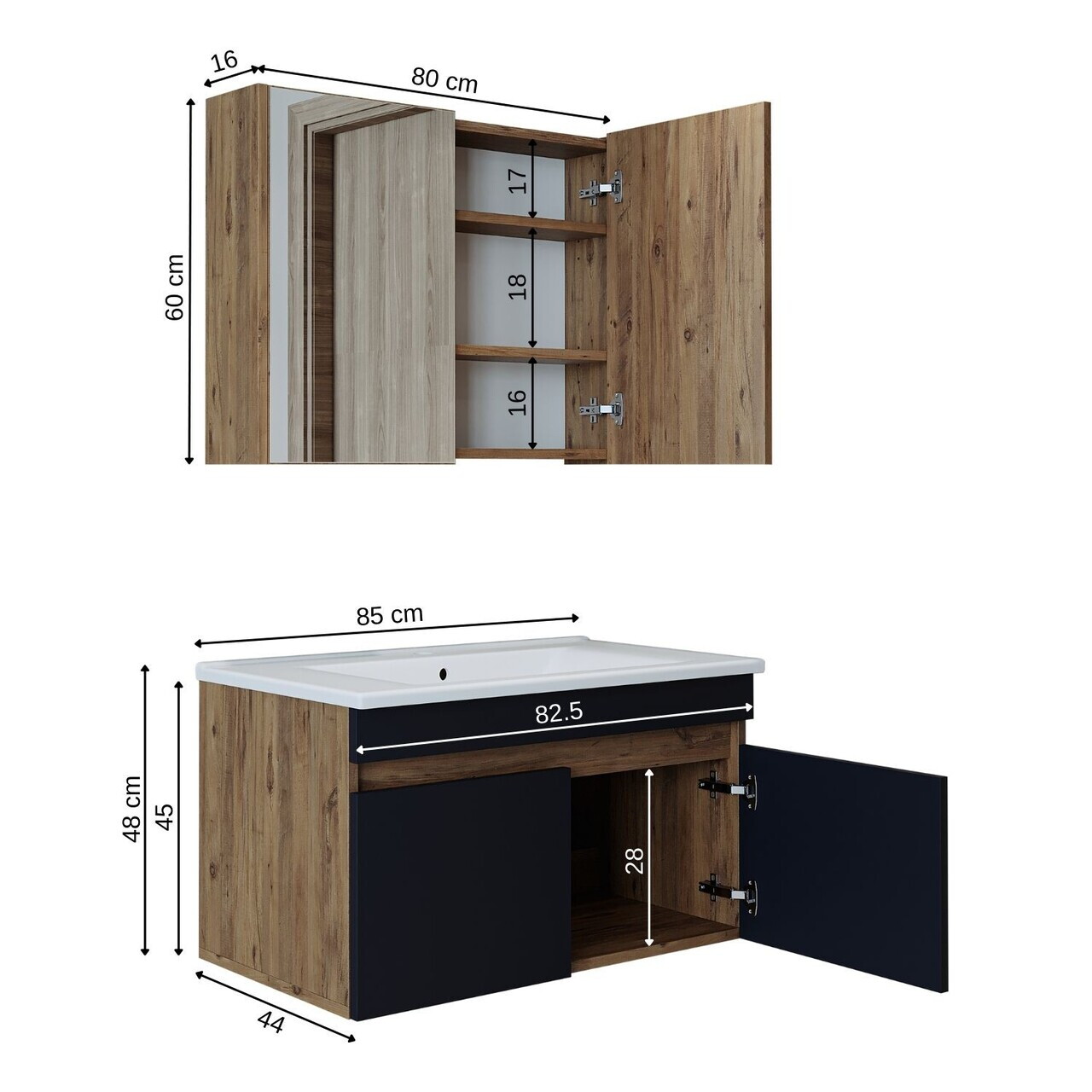Set Dulap de Baie cu Chiuvetă și Oglindă (2 Piese), Hanah Home, 1909, MDF-LAM, Pin Atlantic / Antracit — imaginea 7