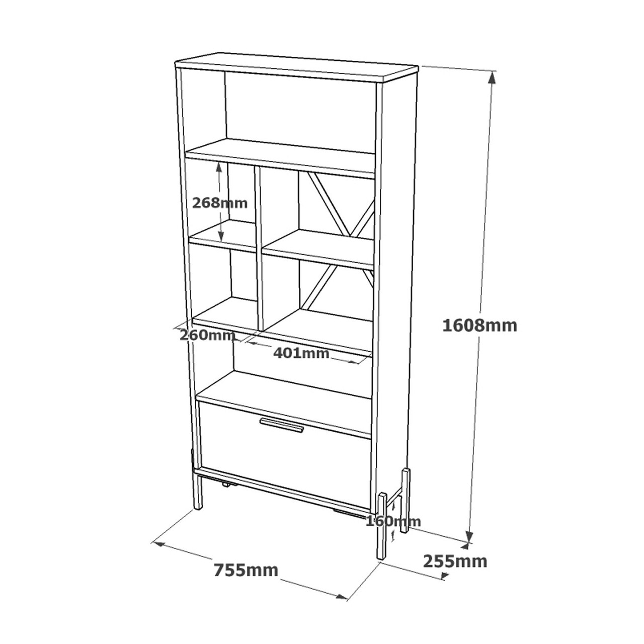 Corp biblioteca, Locelso, VS4, 75.5x160.8x44.5 cm, Maro / Gri / Antracit