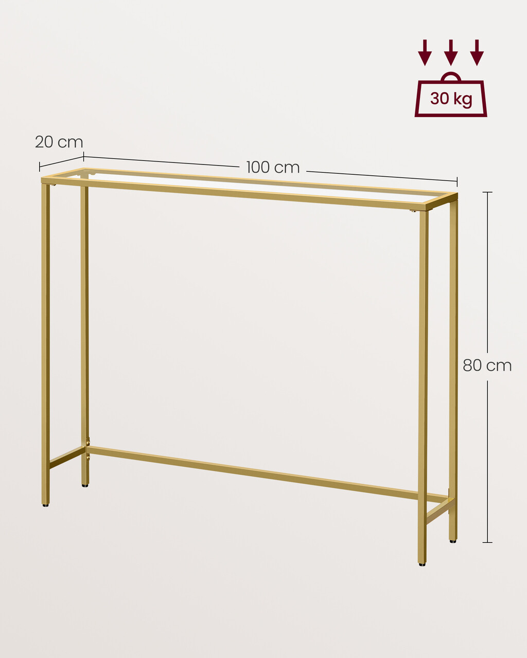 Consola, Vasagle, 100x20x80 cm, sticla temperata/otel, auriu - 1 | YEO