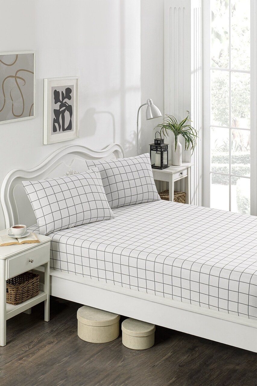 Set de pat dublu (cearceaf cu elastic si perne) 3 piese, Artus - Grey, Eponj Home, 65% bumbac/35% poliester