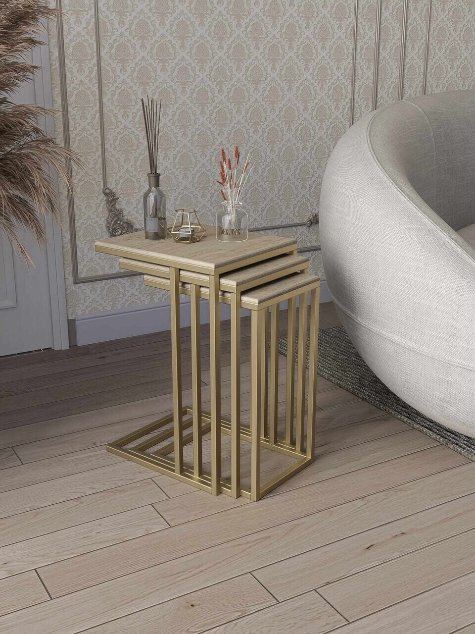 Set masute 3 piese, Hanah Home, Mira, Aur / Travertin — imaginea 2