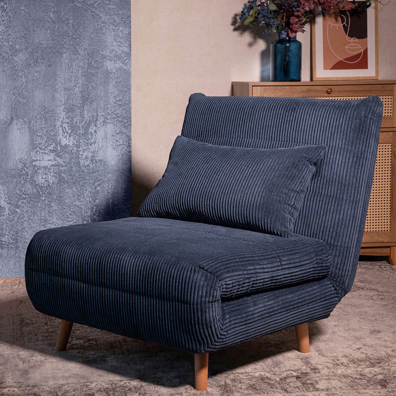 Canapea 1 loc Solace, Homla, 83x91x84 cm, MDF/catifea din poliester, bleumarin