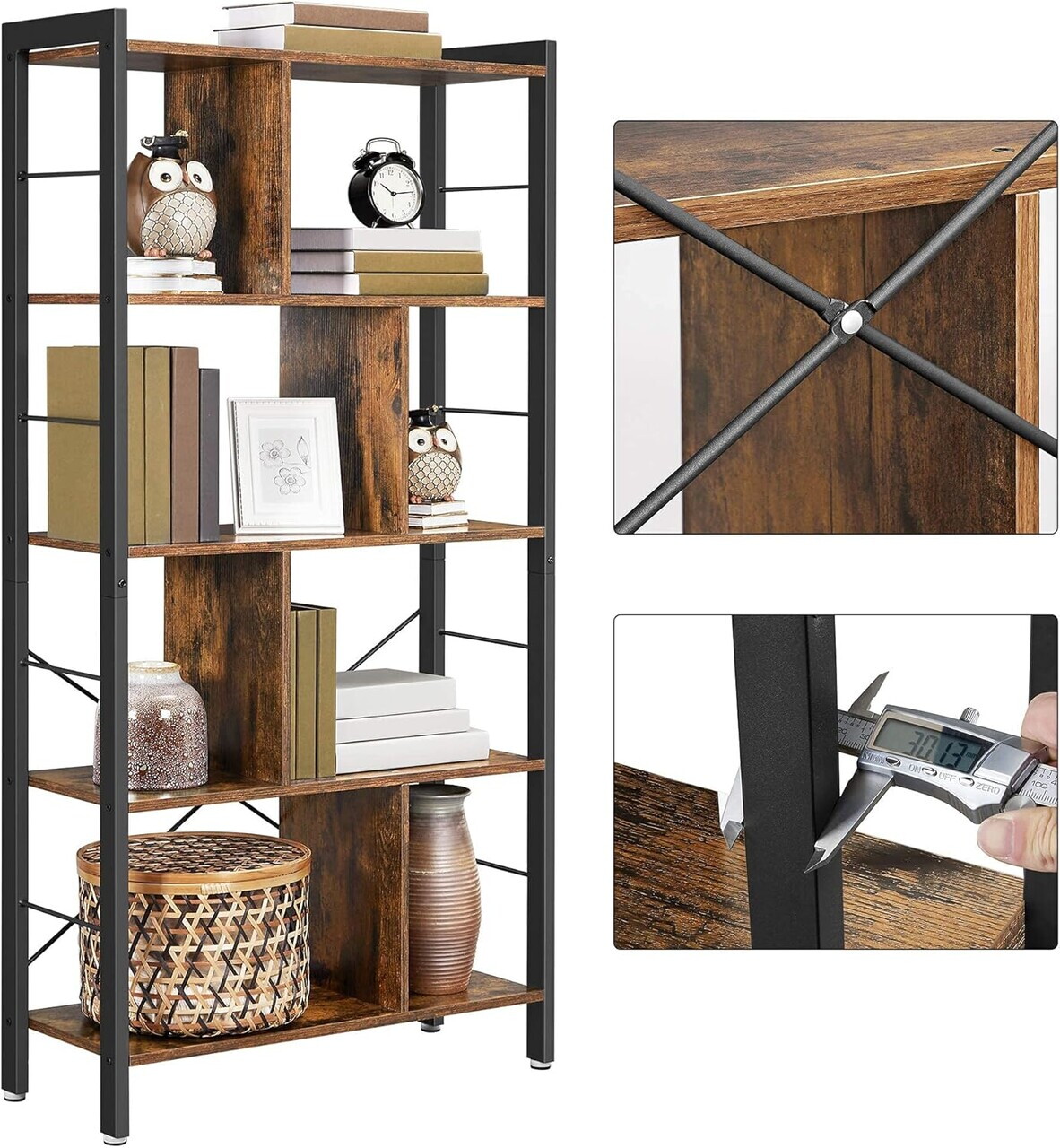 Biblioteca cu 4 niveluri, Vasagle, 74x30x154.5 cm, PAL/otel, maro rustic - imagine 7