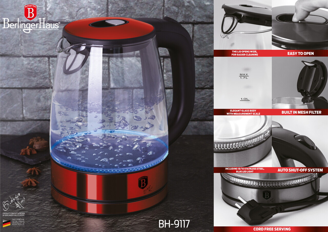 Ceainic electric Berlinger Haus, Burgundy, 1.7 L, sticla borosilicata, rosu/transparent - imagine 4