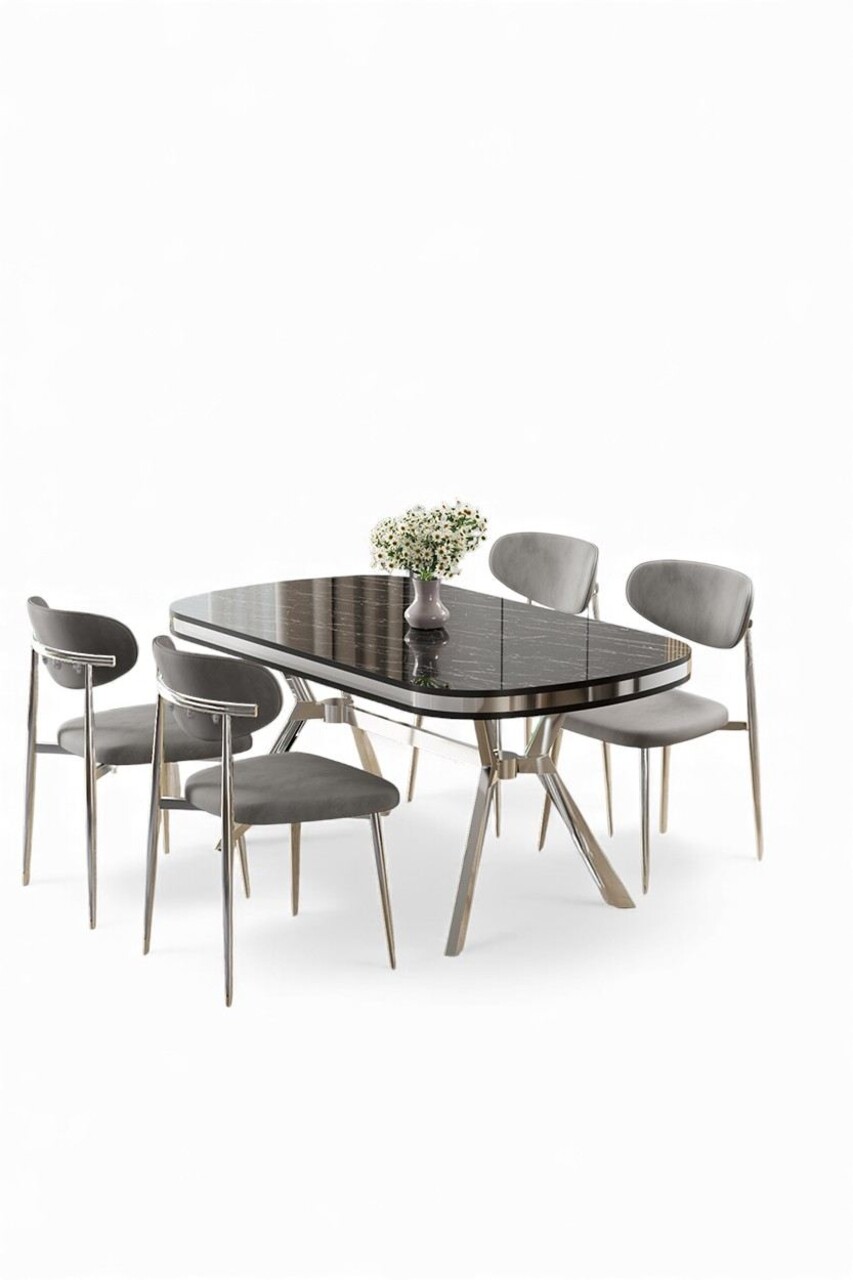 Set masă și scaune (5 bucăți), Hanah Home, Olya, Marmură neagră / Crom / Gri - view 2