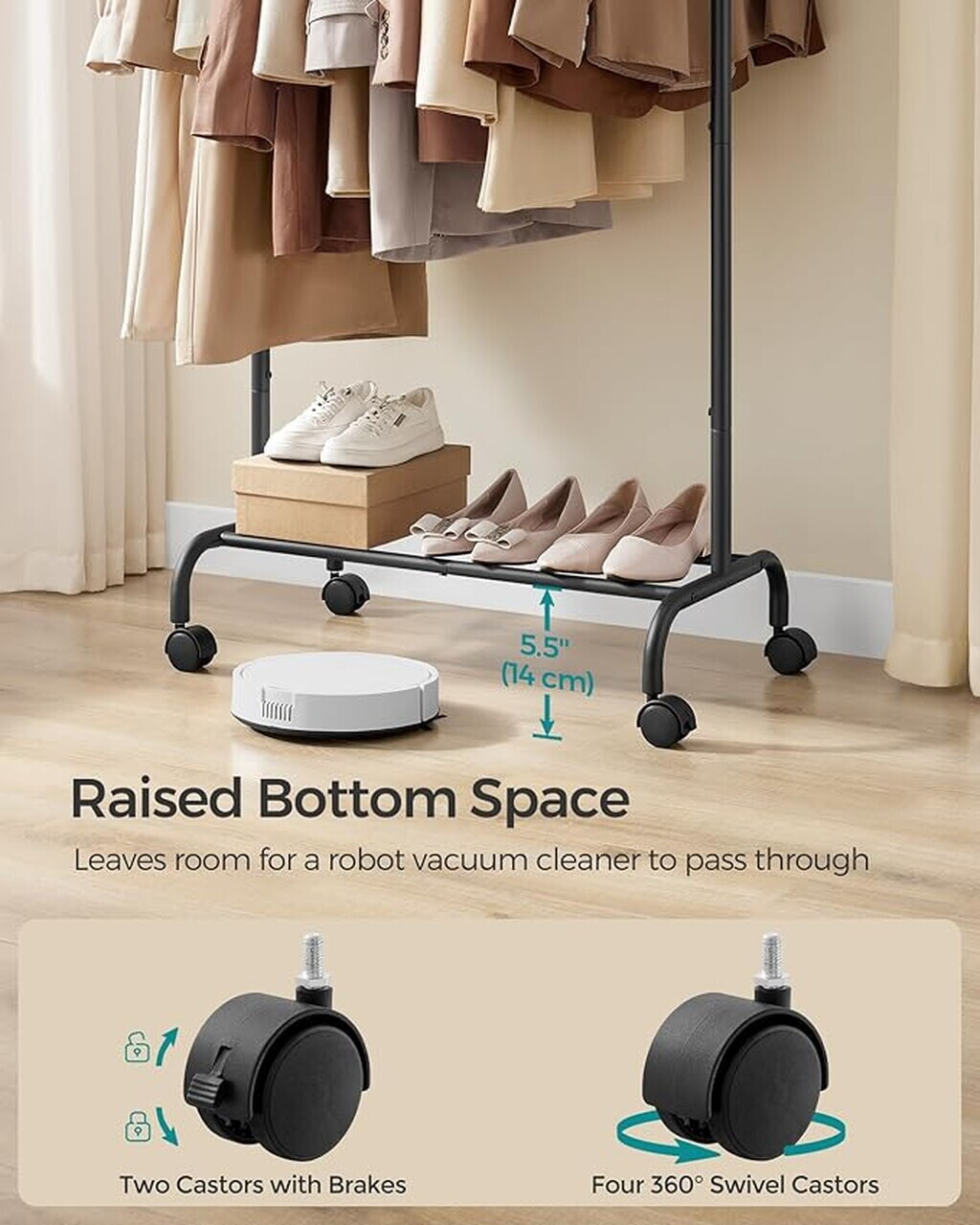 Suport pentru umerase, Songmics, extensibil, cu roti, 120-83x40x156 cm, otel, negru - imagine 4
