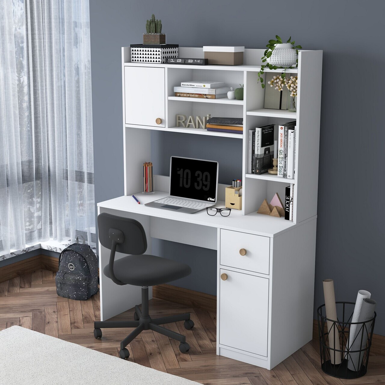 Set birou si biblioteca Hanah Home HA128 120x166x50 cm PAL MELAMINAT CALITATE E1 Alb