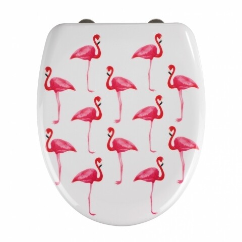 Capac de toaleta cu sistem automat de coborare Flamingo, Wenko, 45 x 38 cm, duroplast, alb/roz accesorii