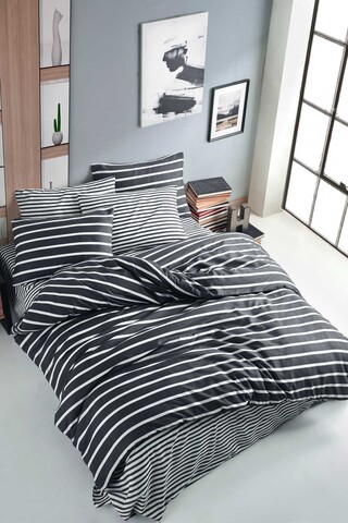 Lenjerie de pat dubla king, 3 piese, 220x240 cm, 100% bumbac ranforce, hcw, stripe, fumuriu