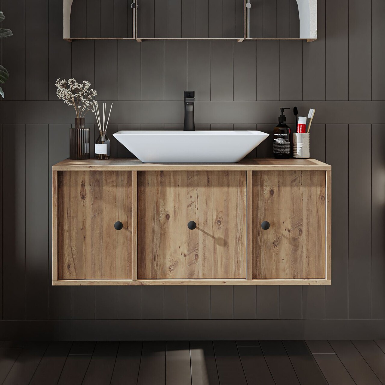Dulap de baie cu chiuvetă, Hanah Home, 2542, 105x56.5x45 cm, MDF, Maro