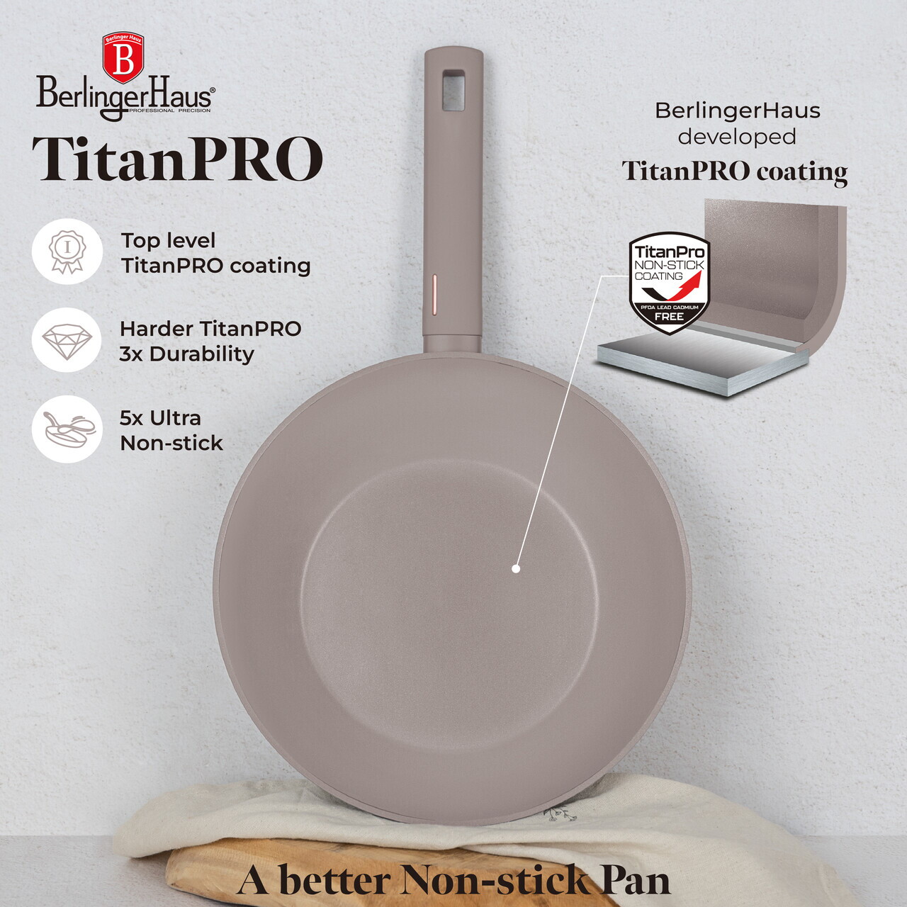 Tigaie Wok Berlinger Haus, Taupe, 28 cm, 3.2 L, aluminiu forjat, taupe mat - imagine 5