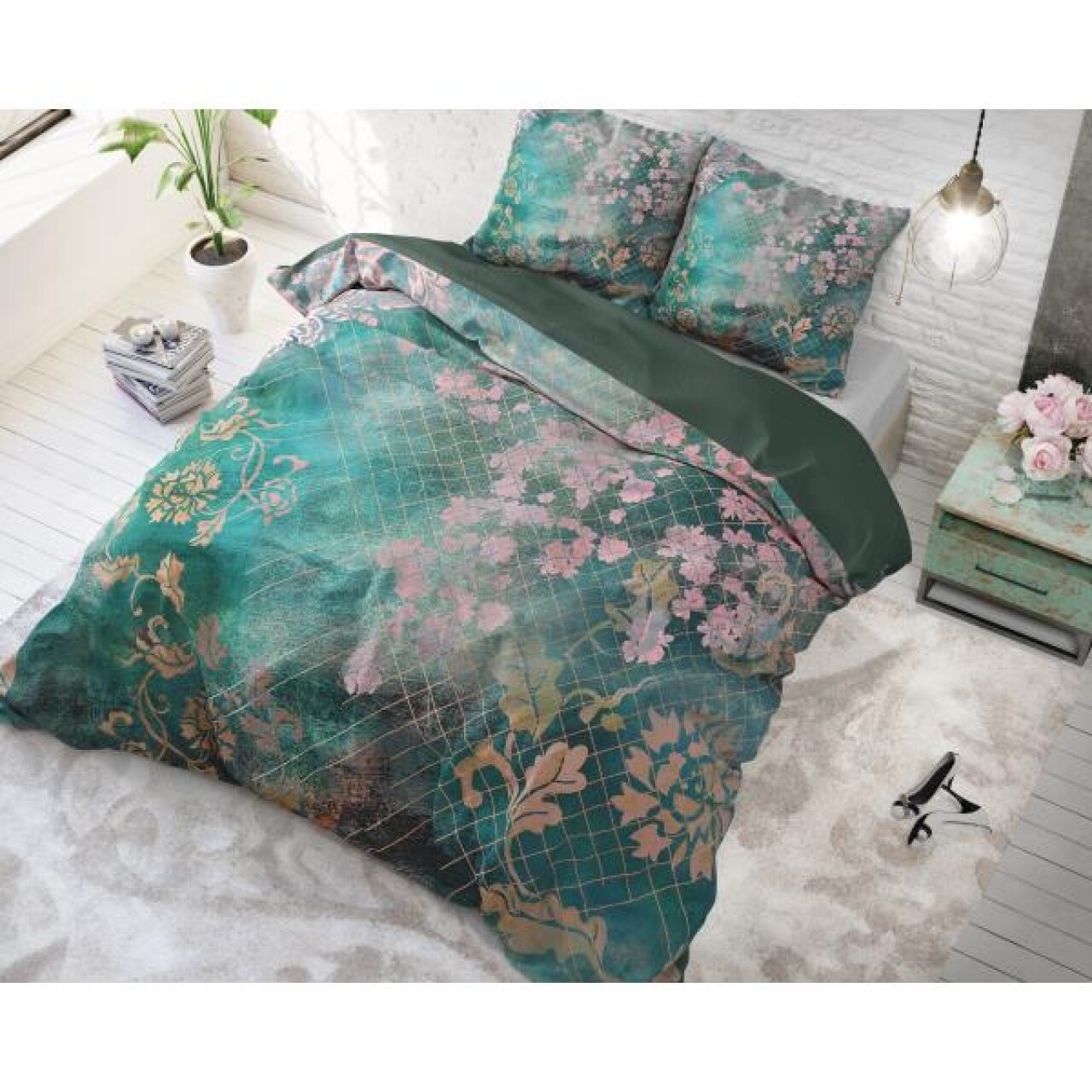 Lenjerie De Pat Dubla Tiran Flower Green, Dreamhouse, 3 Piese, 200x220 Cm, 100% Bumbac, Multicolora