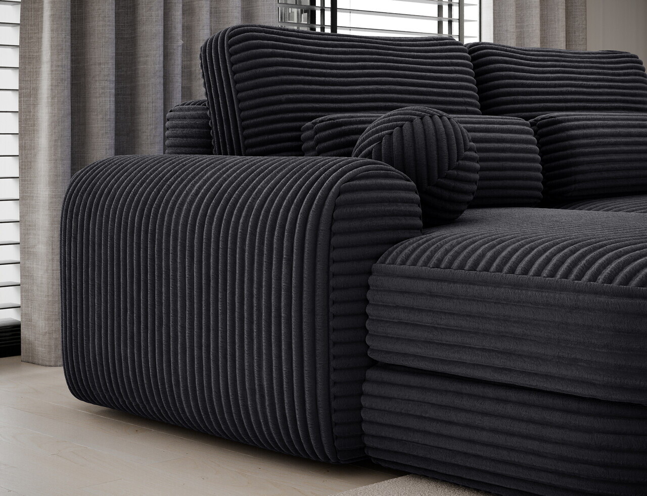 Coltar extensibil stanga 3 locuri ELTAP, Ripeli, 217x175x96 cm, lemn/catifea din poliester, negru — imaginea 9