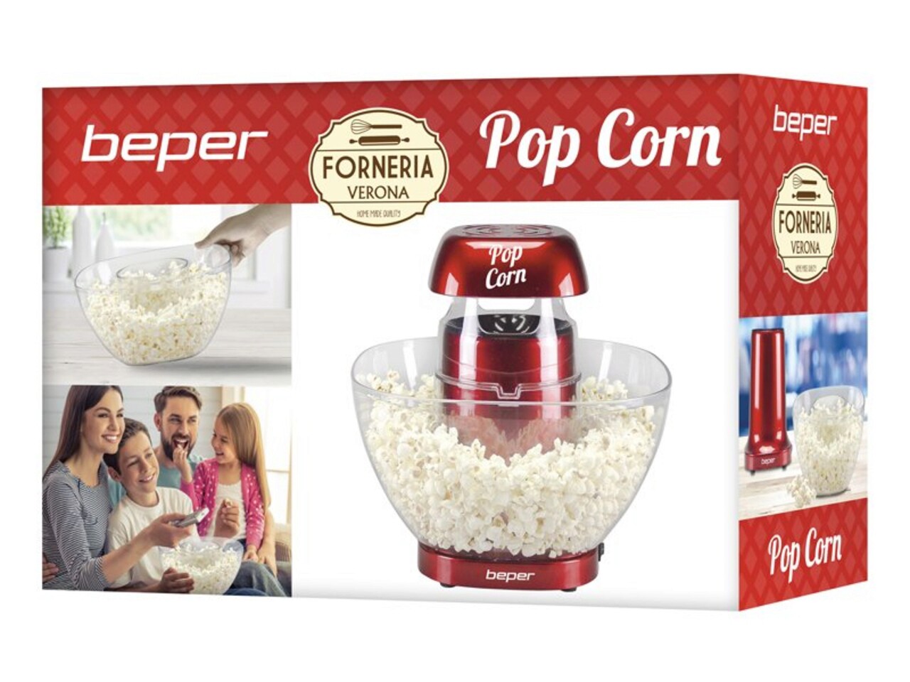 Aparat pentru popcorn Beper, 1200 W, 28.5x28.5x27 cm, ABS, rosu/transparent