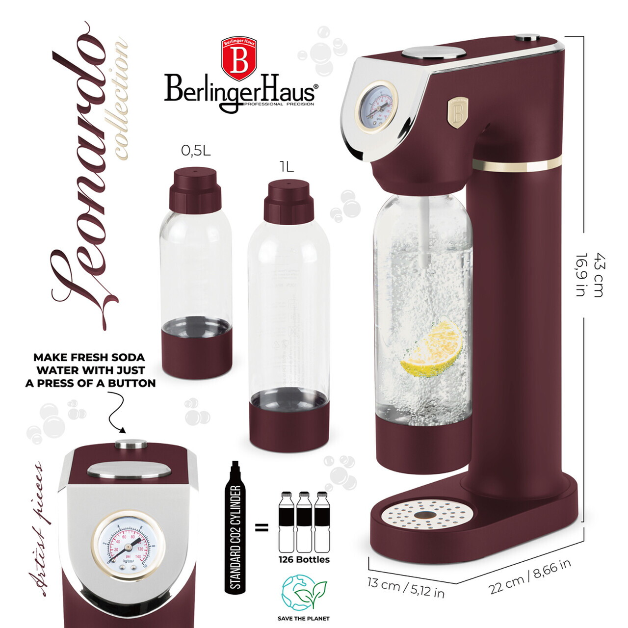 Aparat sifon Berlinger Haus, Leonardo, 12x22x43.5 cm, inox, visiniu mat - imagine 8