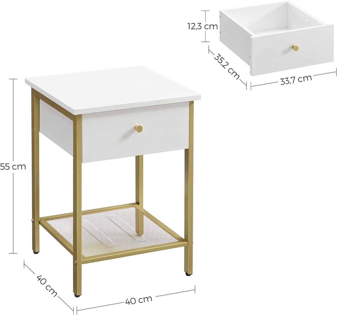 Masuta living / noptiera Modern White Gold, Vasagle, 40 x 40 x 55 cm, PAL/otel, alb/auriu