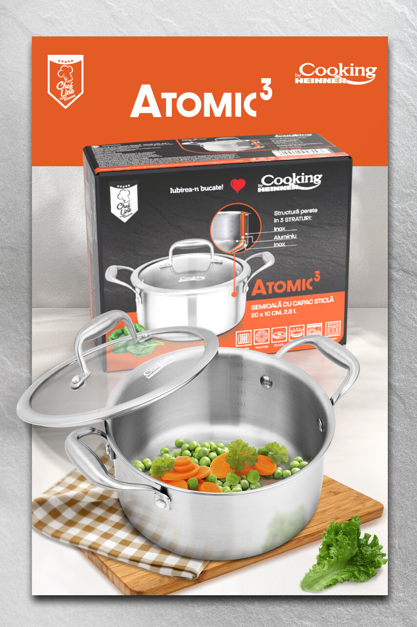 Semioala cu capac Atomic3, Cooking by Heinner, 24x12 cm, 5 L, inox/sticla, argintiu - imagine 11