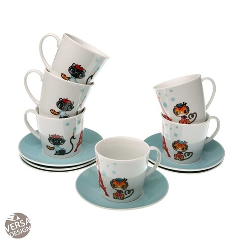 Set 6 cesti cu farfurie, versa, tea cats, portelan, multicolor
