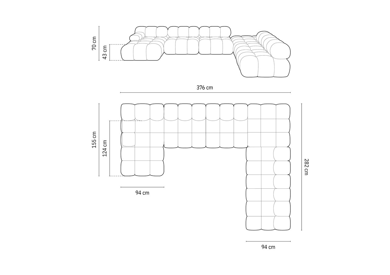 Coltar panoramic dreapta 7 locuri design modular, Bellis, Micadoni Home, BL, 376x282x70 cm, catifea, caramiziu