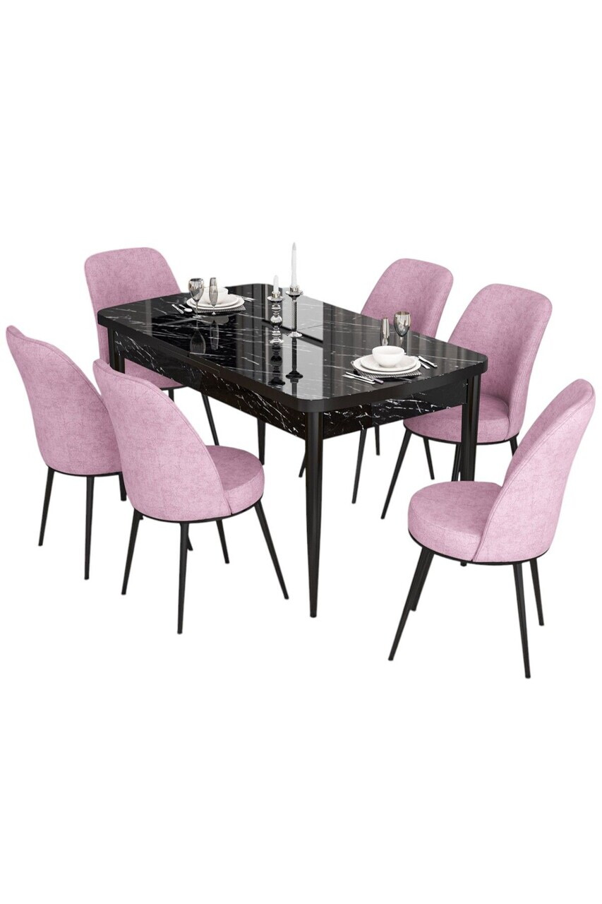 Set masa extensibila si scaune (7 piese), Hanah Home, Via, Model de marmură neagră / roz — imaginea 2