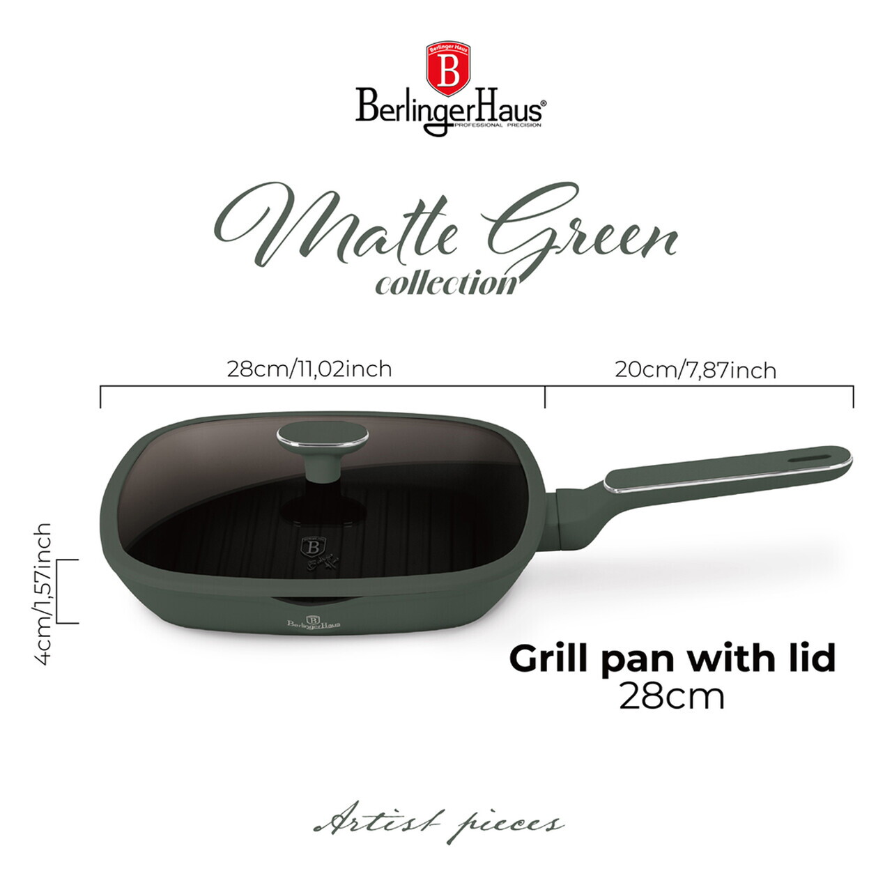 Tigaie grill cu capac Berlinger Haus, Matte Green, 28 cm, 2.1 L, aluminiu forjat, verde mat - imagine 7