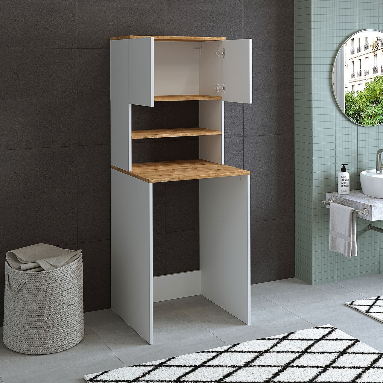 Dulap masina de spalat, Hanah Home, 1712, 65x180.3x60 cm, PAL MELAMINAT, Pin Atlantic / Alb — imaginea 5