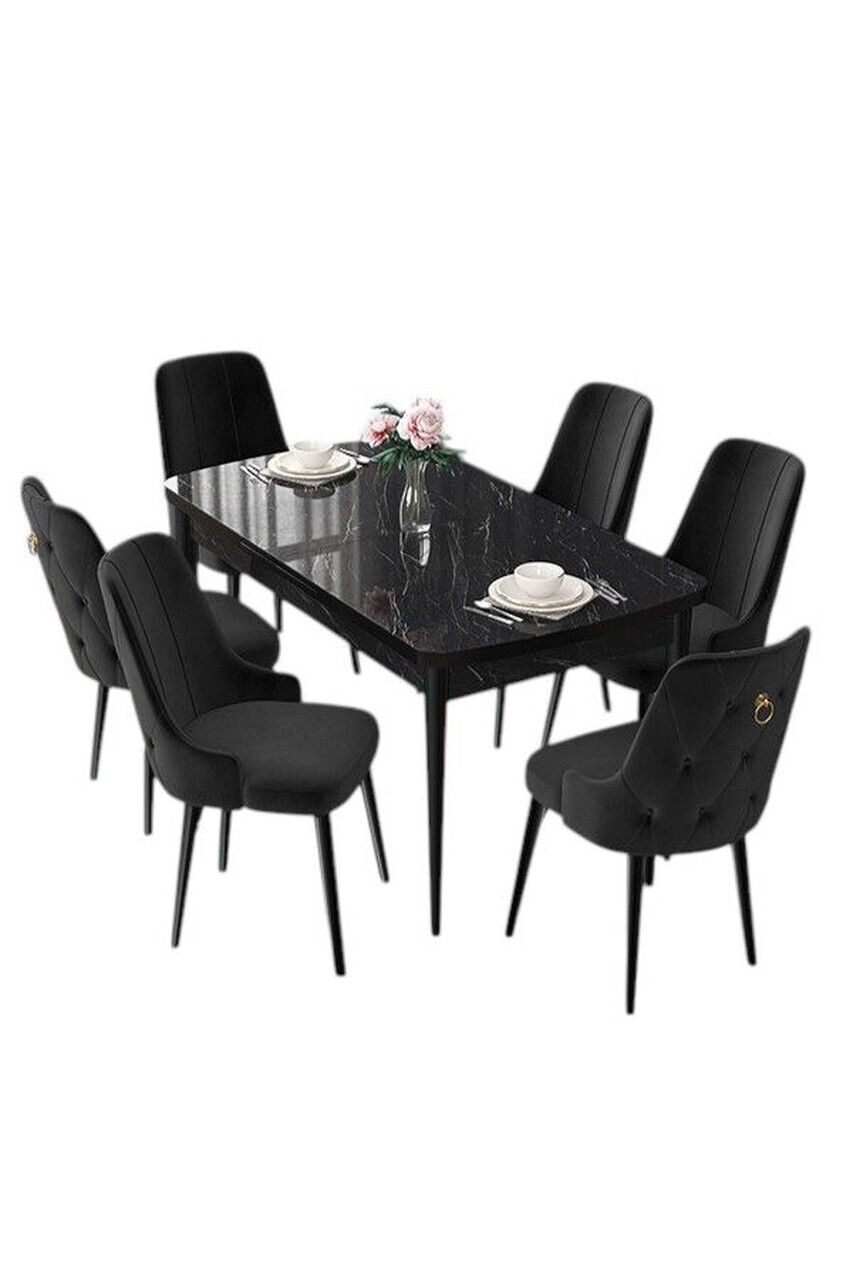 Set masa extensibila si scaune (7 piese), Hanah Home, Nex, Model de marmură neagră / Negru — imaginea 2