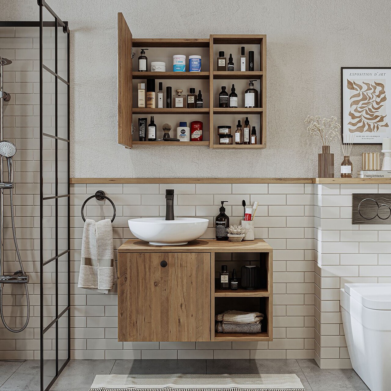 Set Dulap de Baie cu Chiuvetă și Oglindă (2 Piese), Hanah Home, 2484, MDF, Maro — imaginea 4